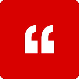 White quotation mark icon centered on a red square background.
