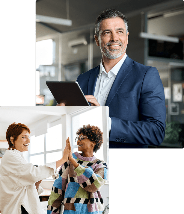 A man in a blue suit uses a tablet in an office; below, two women smile and give each other a high-five in a bright indoor setting.